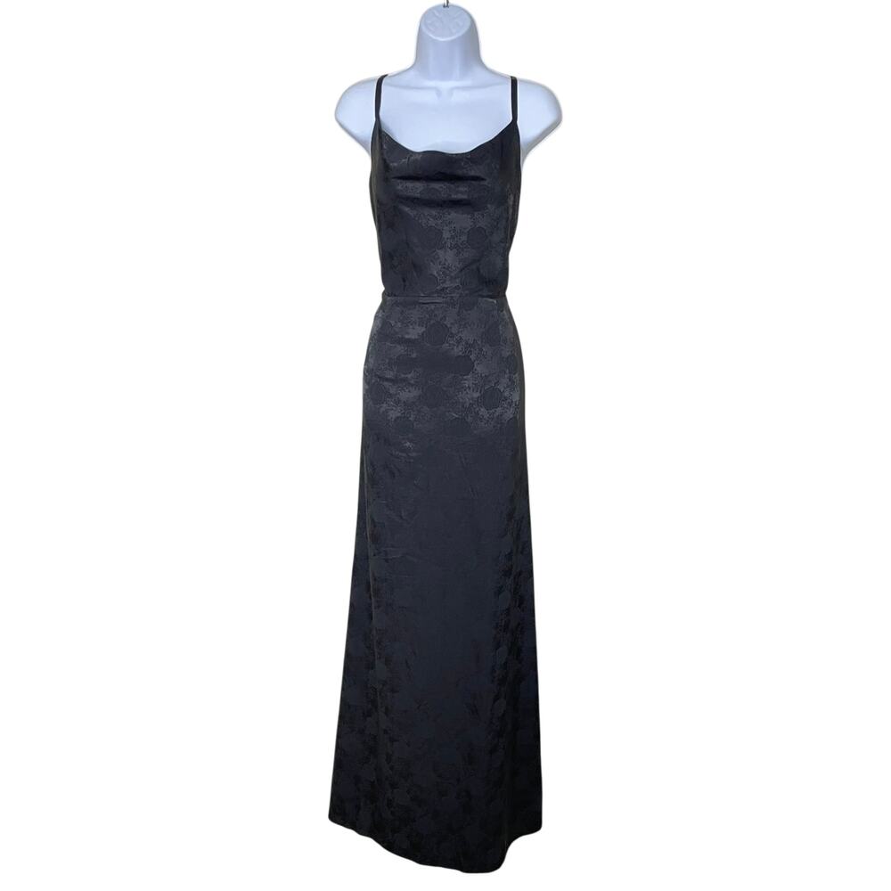 Lulus Simply Dreamy Size L Black Satin Floral Jacquard Maxi Dress Wedding Guest